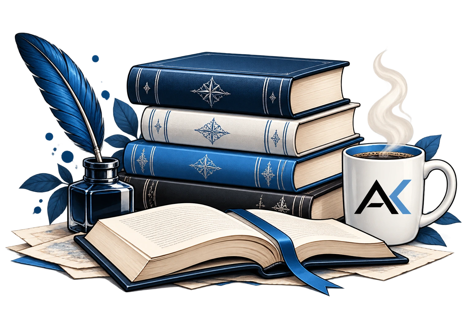 Bücher, blaue Schreibfeder und eine Kaffeetasse mit dem Aktiokrat-Logo