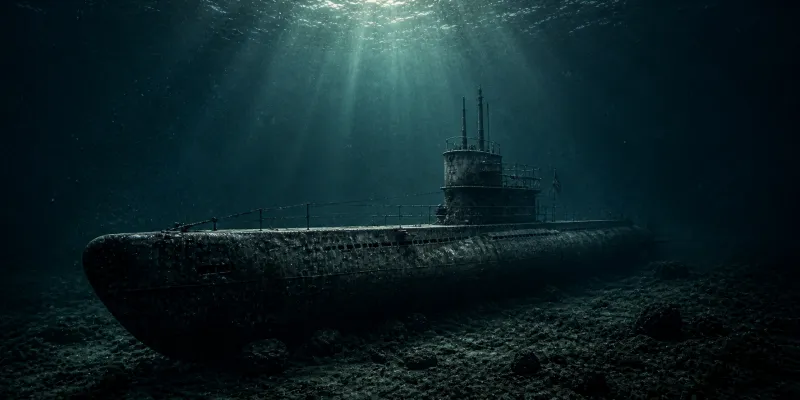 Ein deutsches U-Boot aus dem 2. Weltkrieg das auf dem Meeresgrund liegt. Der Schein der Wasseroberfläche ist noch zu erkennen.